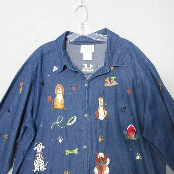 Quacker Factory Denim Shirt 1X Dog Fido Embroidered Novelty Teacher Granny VTG - Picture 1 of 15